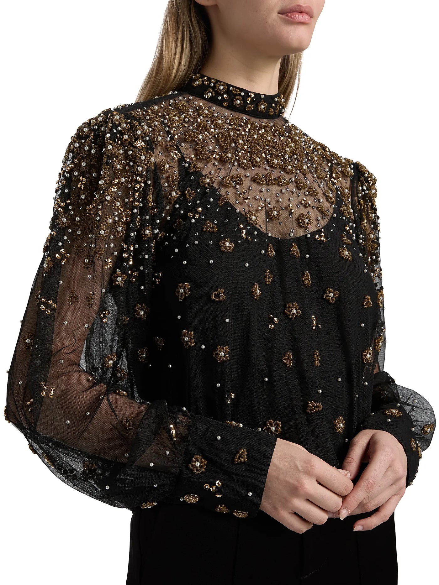Embroidered Bubble Tulle Blouse