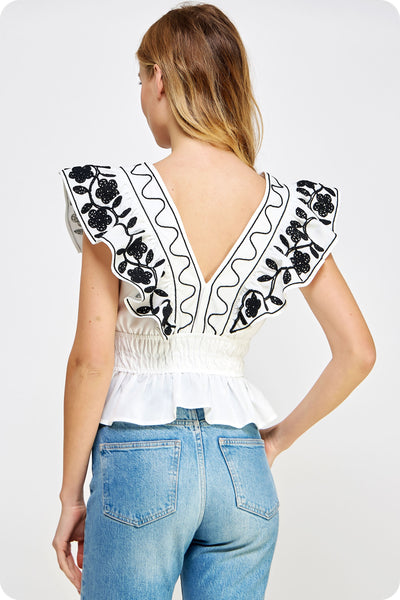 Embroidered Ruffle Linen Top