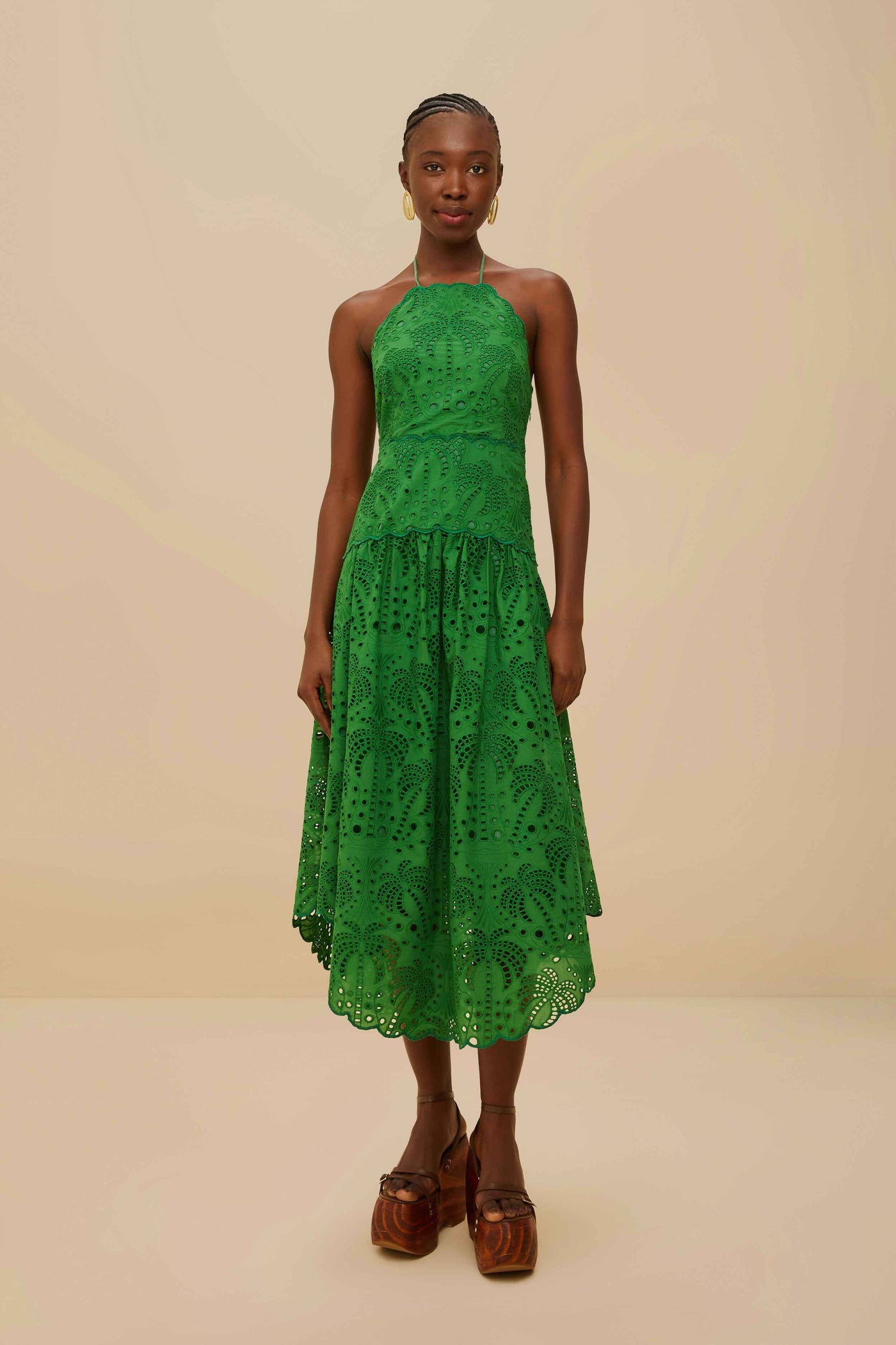 Green Palm Tree Eyelet Midi Dress