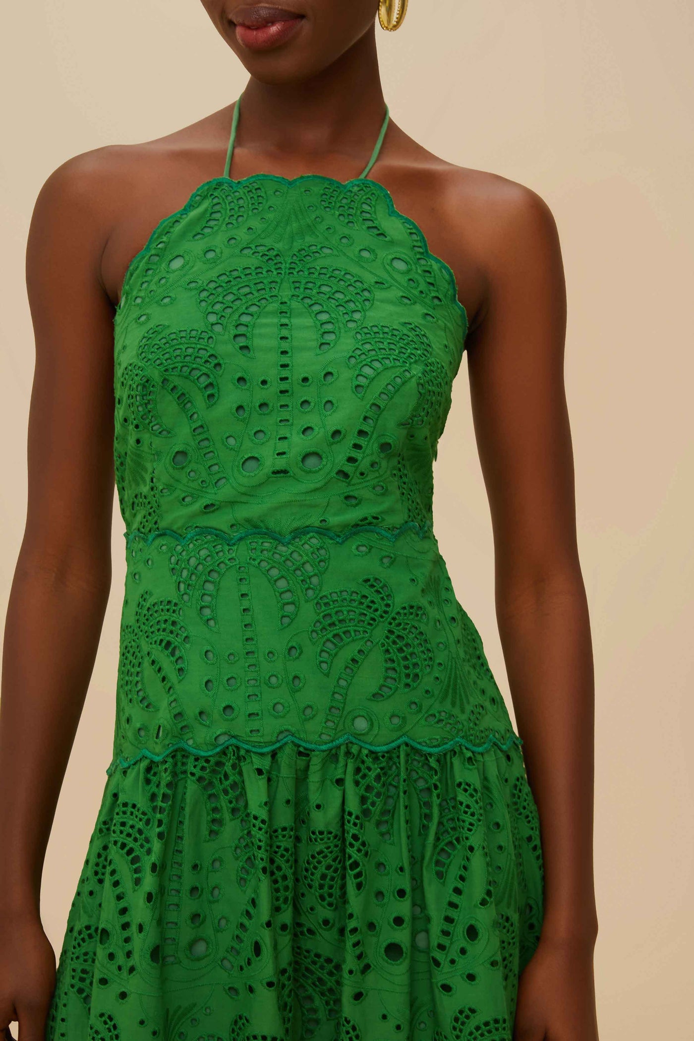 Green Palm Tree Eyelet Midi Dress
