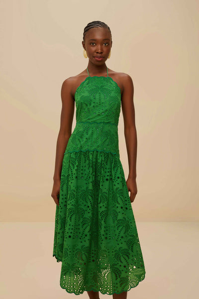 Green Palm Tree Eyelet Midi Dress
