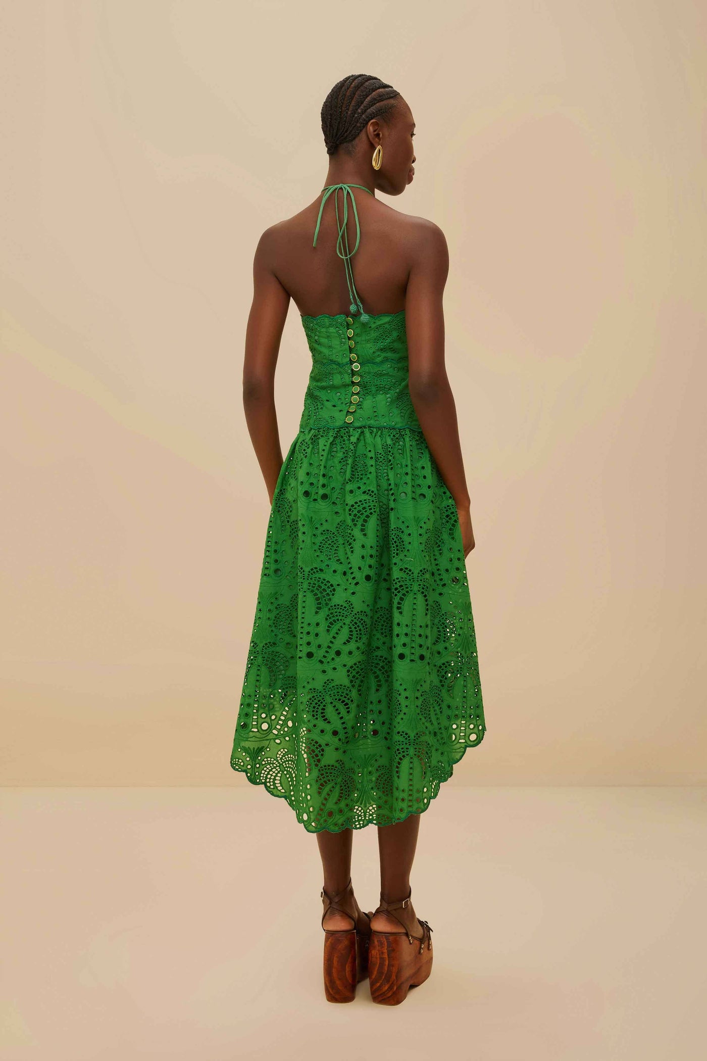 Green Palm Tree Eyelet Midi Dress