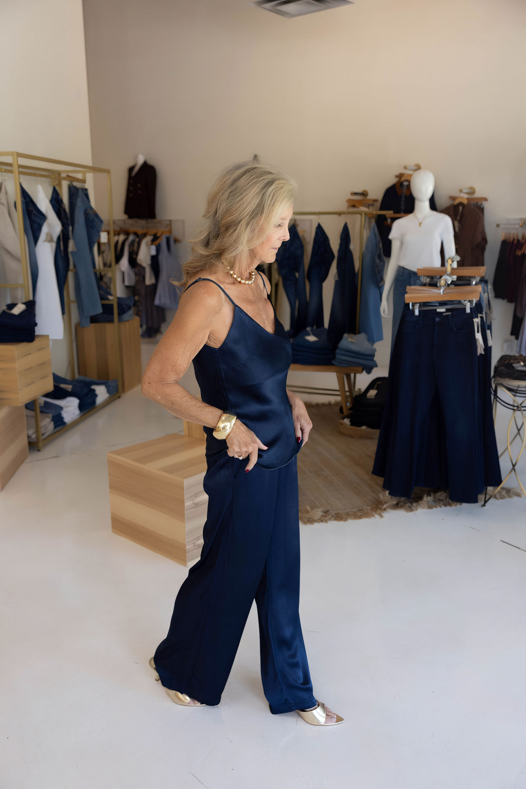 Cece Silk Tank- Navy